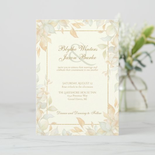 Ivory Gold Leafy Border Botanical Elegant Wedding 招待状 (スタンド正面)