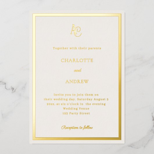 Ivory gold modern monogram luxury wedding 箔招待状 (正面)