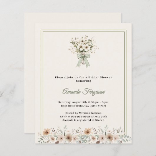 Ivory green florals Bridal Shower invitation (正面/裏面)
