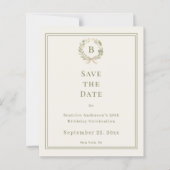Ivory green monogram wreath birthday save the date (正面)