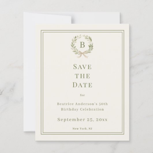 Ivory green monogram wreath birthday save the date (正面)