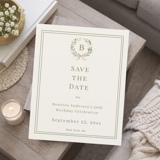 Ivory green monogram wreath birthday save the date