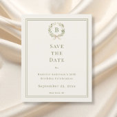 Ivory green monogram wreath birthday save the date