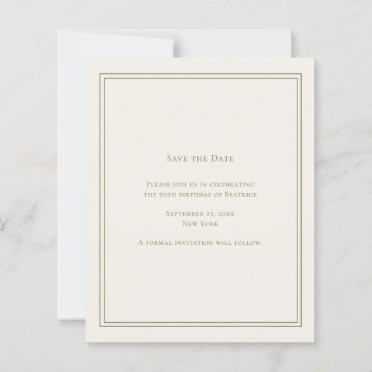 Ivory green monogram wreath birthday Save the Date (裏面)