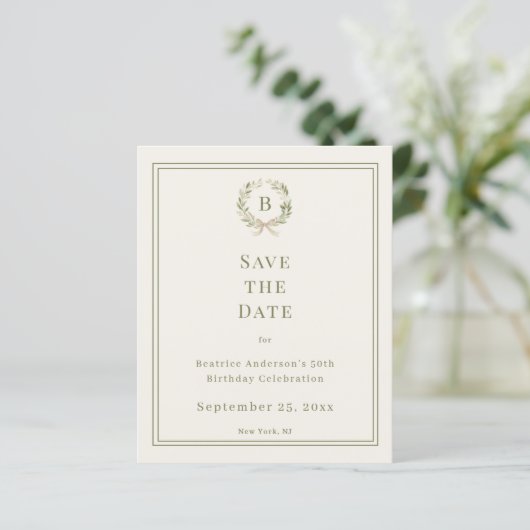 Ivory green monogram wreath birthday Save the Date (スタンド正面)