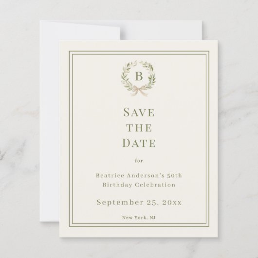 Ivory green monogram wreath birthday Save the Date (正面)