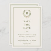 Ivory green monogram wreath birthday save the date セーブザデート (正面/裏面)
