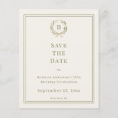 Ivory green monogram wreath birthday Save the Date チラシ (正面)