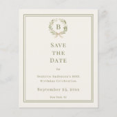 Ivory green monogram wreath birthday save the date チラシ (正面)