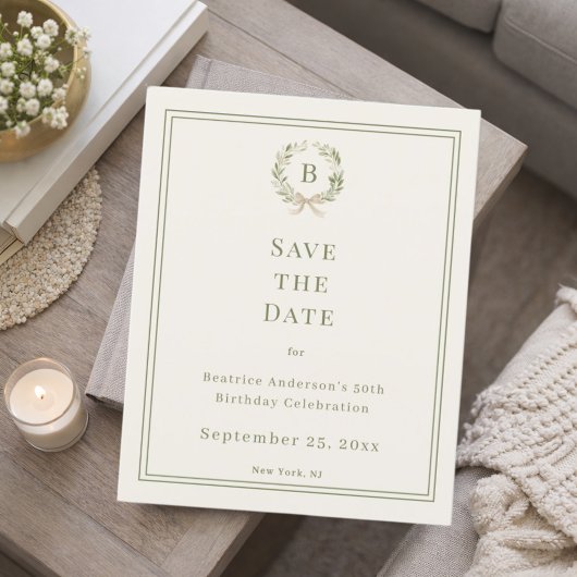 Ivory green monogram wreath birthday Save the Date チラシ