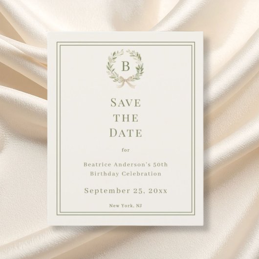 Ivory green monogram wreath birthday save the date チラシ