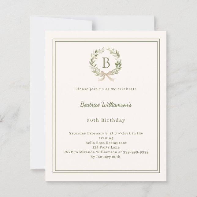 Ivory greenery wreath monogram Birthday invitation (正面)