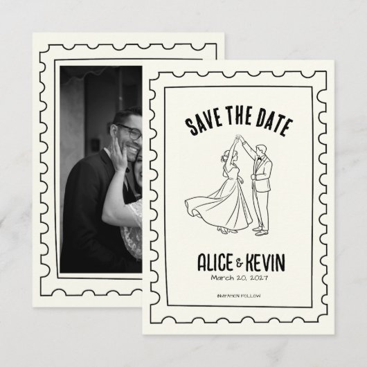 Ivory Hand Drawn Illustration Wedding Minimalist   セーブザデート (正面/裏面)