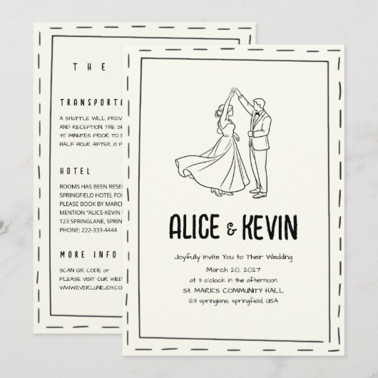 Ivory Illustration Doodle Minimalist QR Wedding 招待状 (正面/裏面)