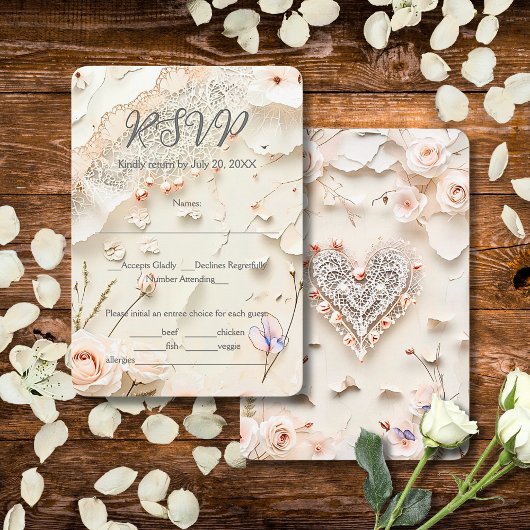 Ivory Lace Heart Floral Romantic Spring Wedding 出欠カード