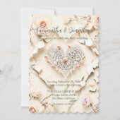 Ivory Lace Heart Floral Romantic Spring Wedding 招待状 (正面)