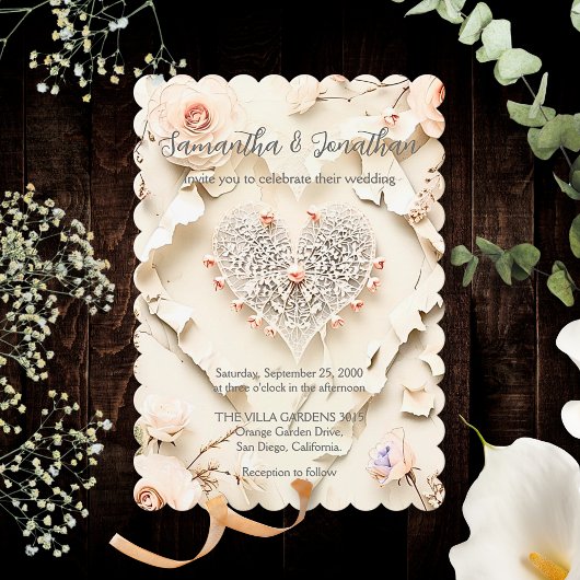 Ivory Lace Heart Floral Romantic Spring Wedding 招待状