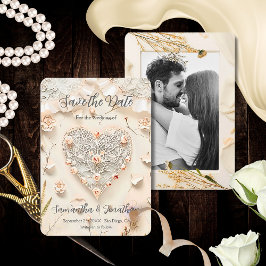 Ivory Lace Heart Photo Floral Romantic Spring セーブザデート