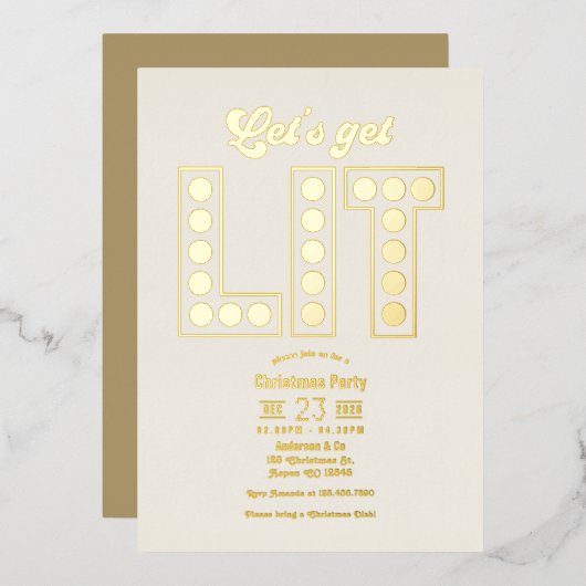 Ivory Luxe Let's Get Lit Retro Christmas Party 箔招待状 (正面/裏面)