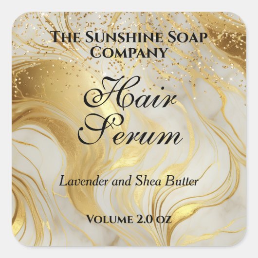 Ivory marble & gold glitter dropper bottle label スクエアシール (正面)