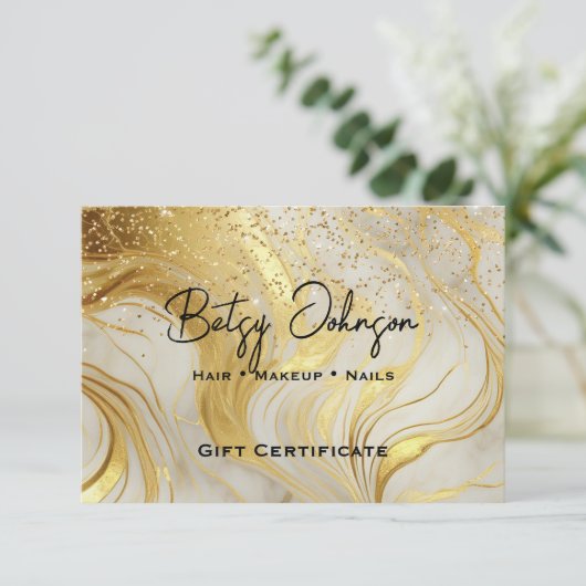 Ivory Marble & Gold Glitter Gift Certificate Card 招待状 (スタンド正面)