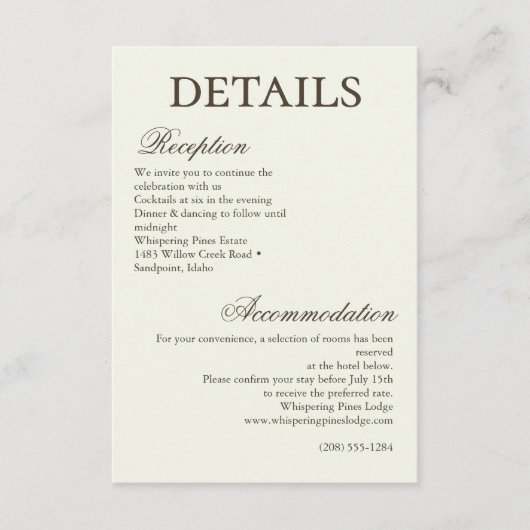 Ivory Minimalist Boho Script Wedding Details エンクロージャーカード (正面)