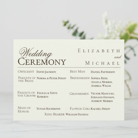 Ivory Minimalist Boho Wedding Program Timeline メニュー (スタンド正面)
