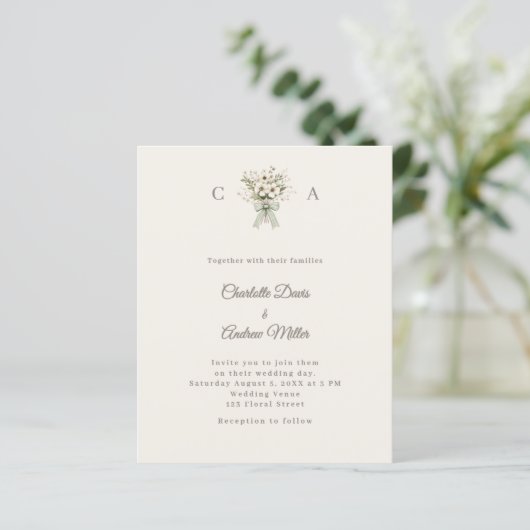 Ivory monogrammed floral green wedding invitation (スタンド正面)
