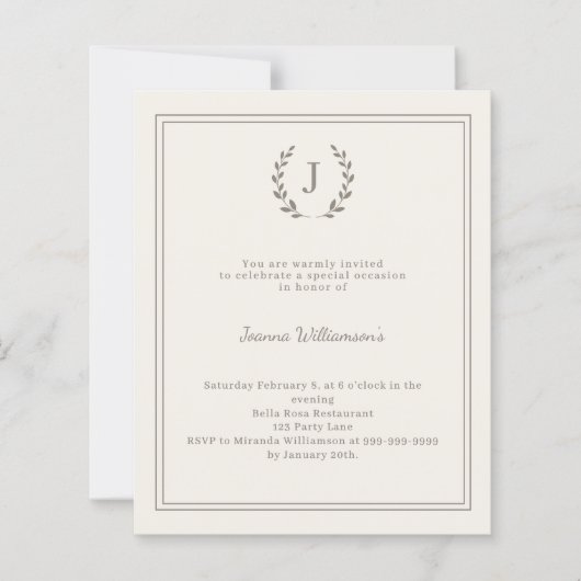 Ivory monogrammed milestone age-neutral invitation (正面)
