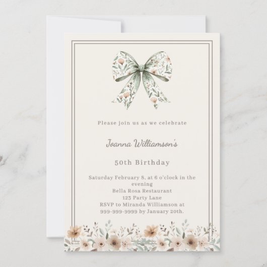 Ivory muted green bow florals birthday 招待状 (正面)