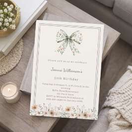 Ivory muted green bow florals birthday 招待状