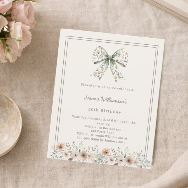Ivory muted green bow florals birthday invitation (クリエイターアップロード済み)