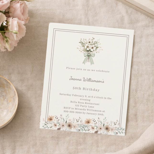 Ivory muted green floral birthday invitation (クリエイターアップロード済み)