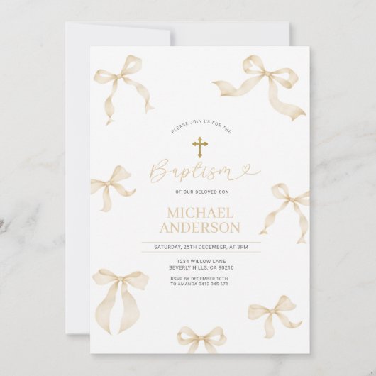 Ivory Neutral Bow Christening Invitation 招待状 (正面)