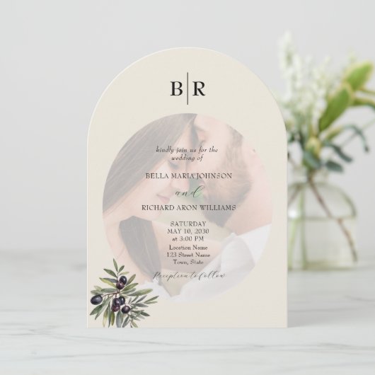 Ivory Olive Arched Photo Monogram Wedding 招待状 (スタンド正面)