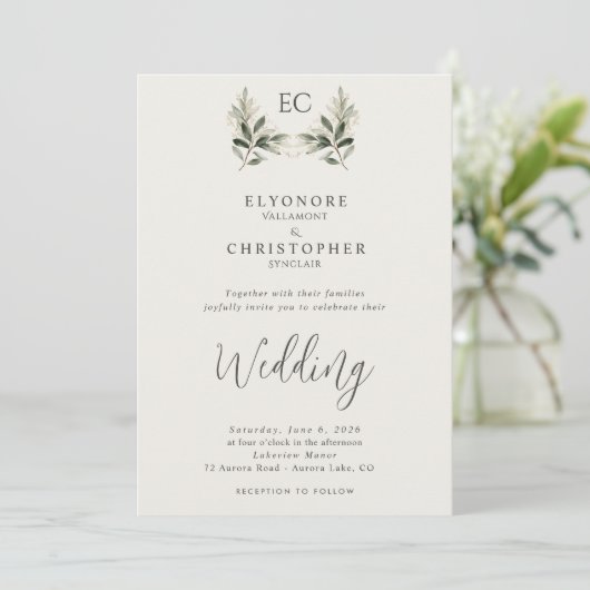 Ivory Olive Branch Monogram Photo Wedding  招待状 (スタンド正面)