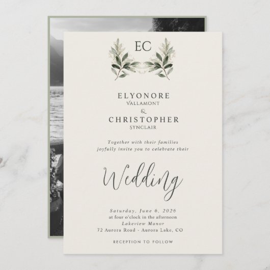 Ivory Olive Branch Monogram Photo Wedding  招待状 (正面/裏面)