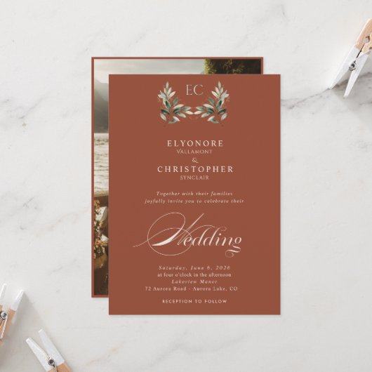 Ivory Olive Branch Monogram Photo Wedding 招待状 (正面/裏面インサイチュ)