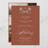 Ivory Olive Branch Monogram Photo Wedding 招待状 (正面/裏面)