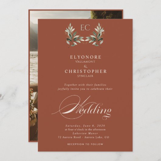 Ivory Olive Branch Monogram Photo Wedding  招待状 (正面/裏面)