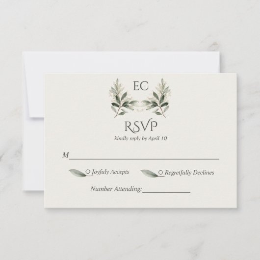 Ivory Olive Branch Monogram Wedding 出欠カード (正面)