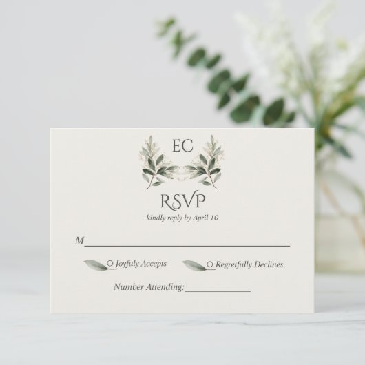 Ivory Olive Branch Monogram Wedding 出欠カード (スタンド正面)