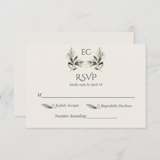 Ivory Olive Branch Monogram Wedding 出欠カード (正面/裏面)