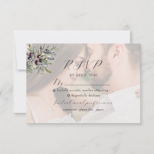 Ivory Olive Monogram Photo Wedding 出欠カード (正面)