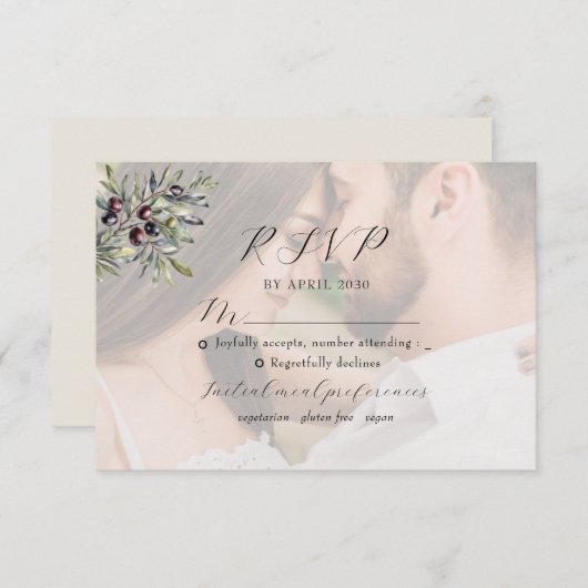 Ivory Olive Monogram Photo Wedding 出欠カード (正面/裏面)