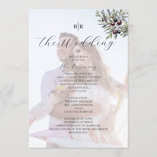Ivory Olive Monogram Photo Wedding Program プログラム (正面)