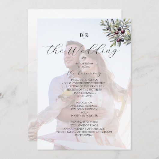 Ivory Olive Monogram Photo Wedding Program プログラム (正面/裏面)