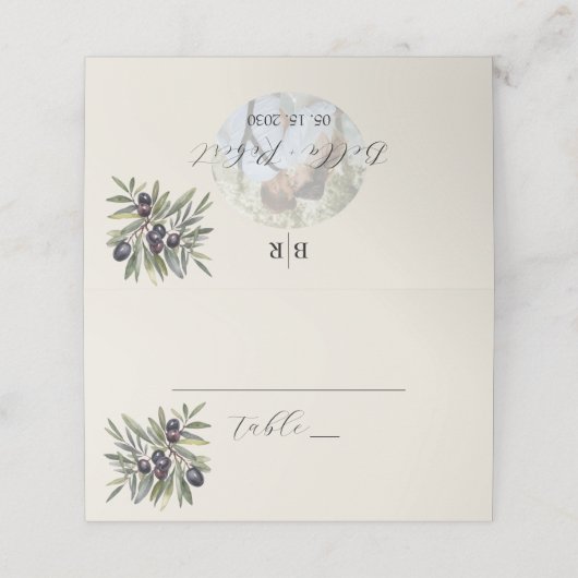 Ivory Olive Photo Wedding プレイスカード (外部開封)