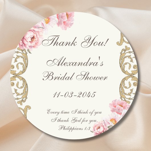 Ivory Peony Christian Bridal Shower Thank You ラウンドシール
