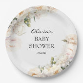 Ivory Peony Floral Garden Neutral Baby ペーパープレート (正面)
